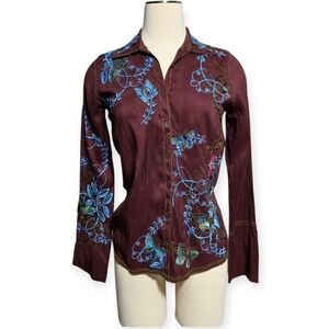 Y2K VINTAGE JOHNNY WAS SILK EMBROIDERED BUTTERFLY BUTTON FLY BLOUSE SZ S